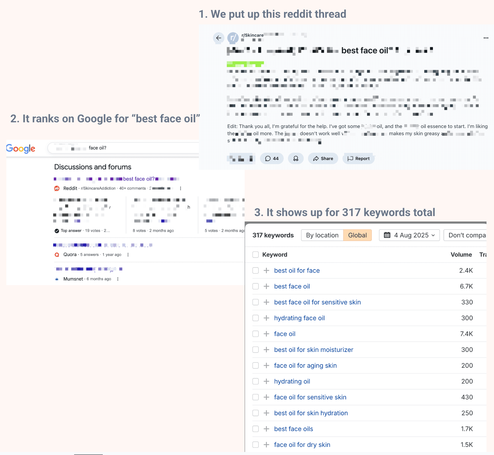 Korean skincare brand Reddit success showing 317 keywords ranked