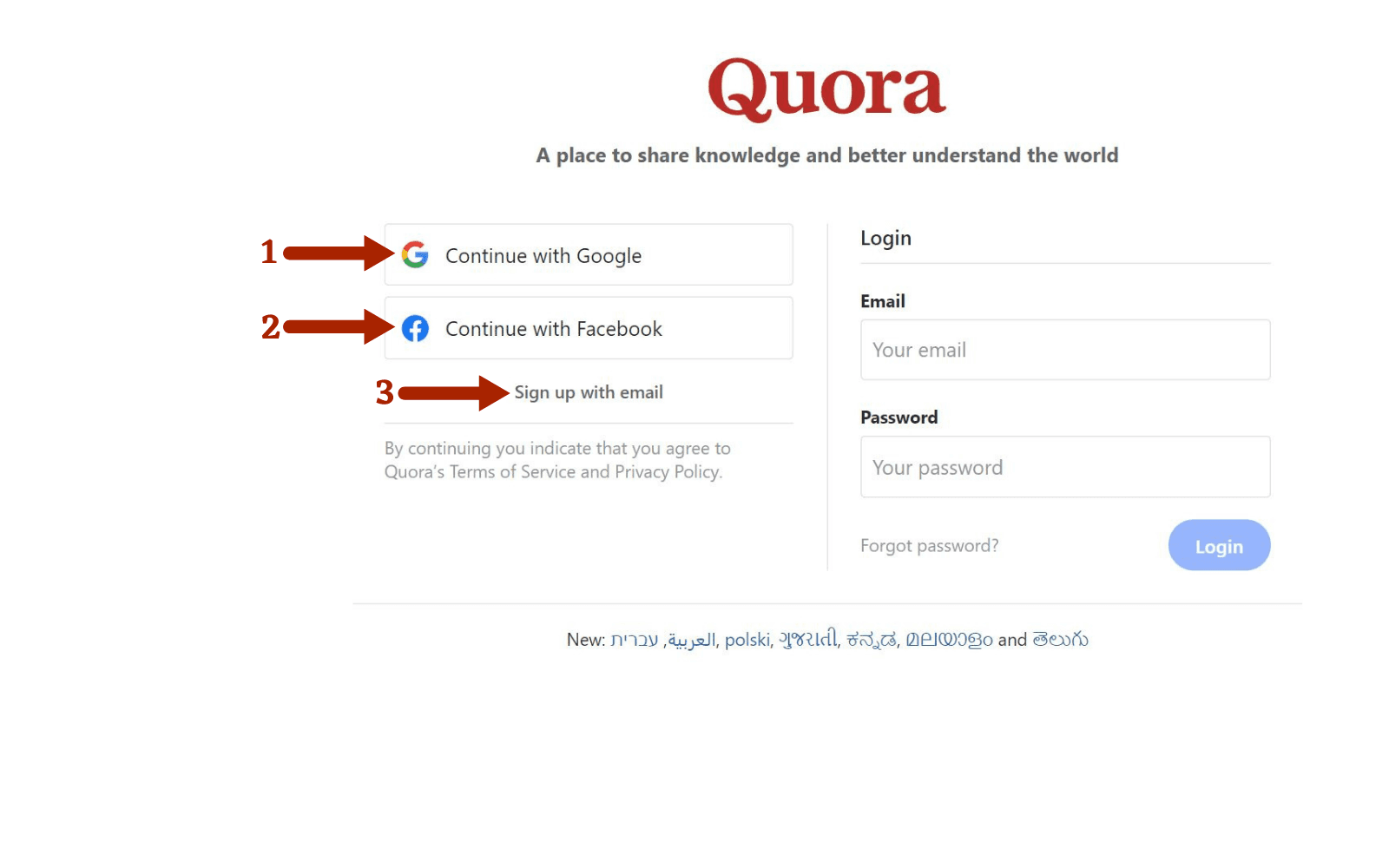 sign up options on quora