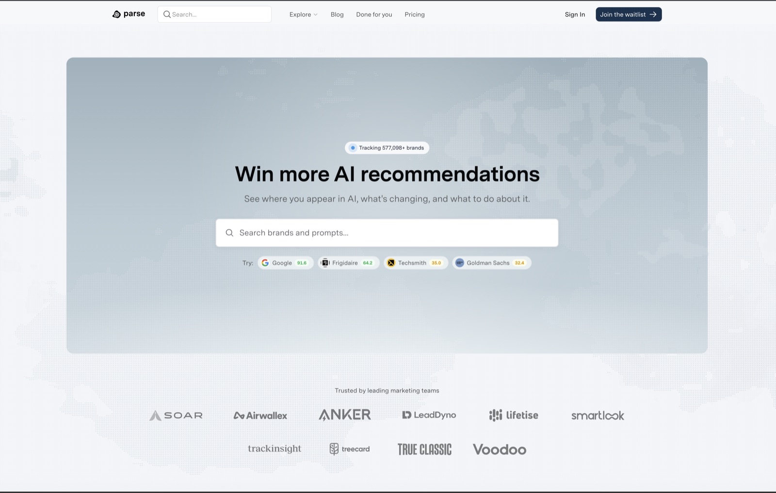 The Parse homepage: search any brand or prompt to see where it appears across ChatGPT, Claude, Gemini, and Copilot