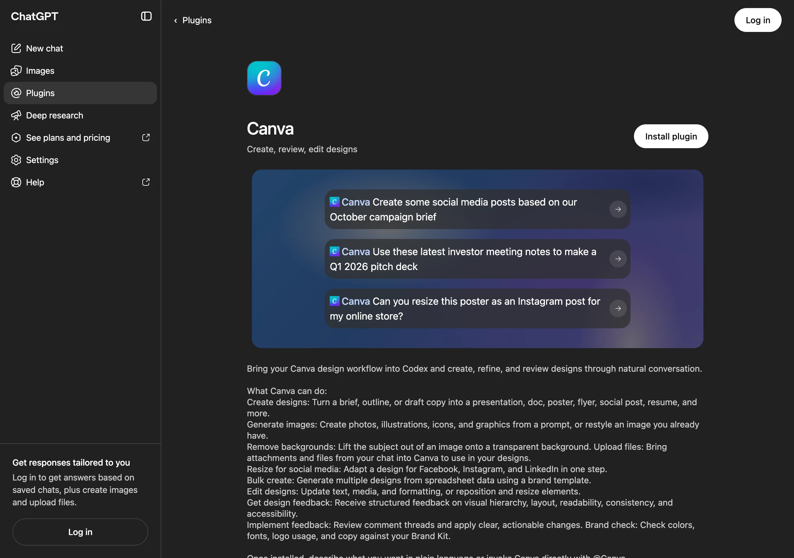 Canva's ChatGPT plugin listing with campaign, presentation and resizing examples.