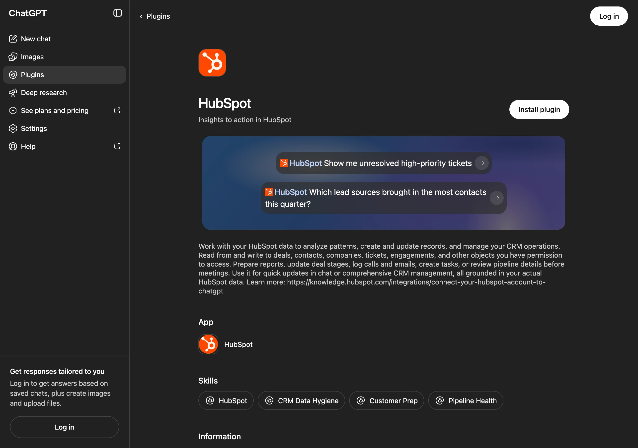 HubSpot's ChatGPT plugin listing, including examples for tickets and lead sources.