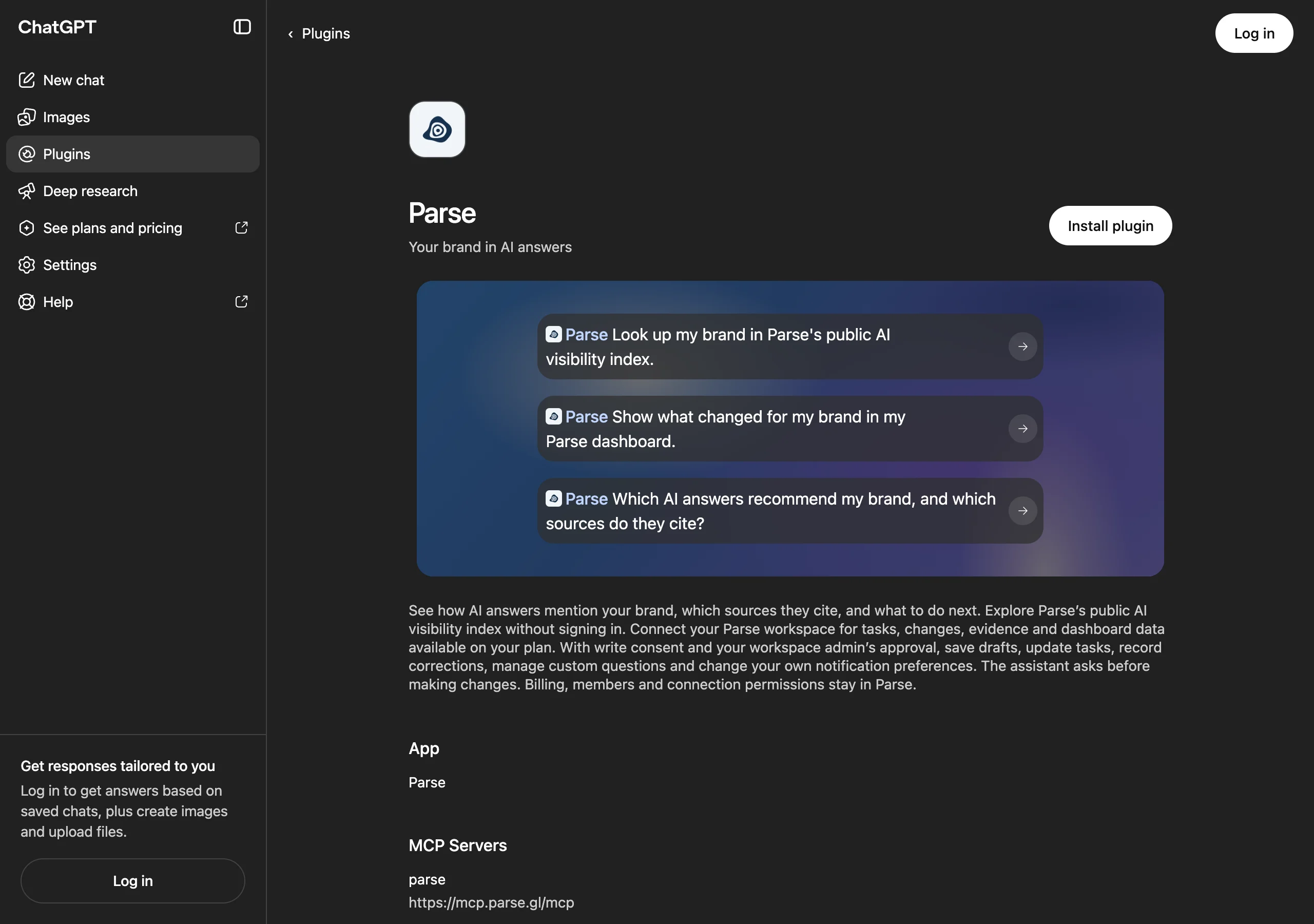 Parse's ChatGPT plugin listing with examples for brand lookup, changes and cited sources.