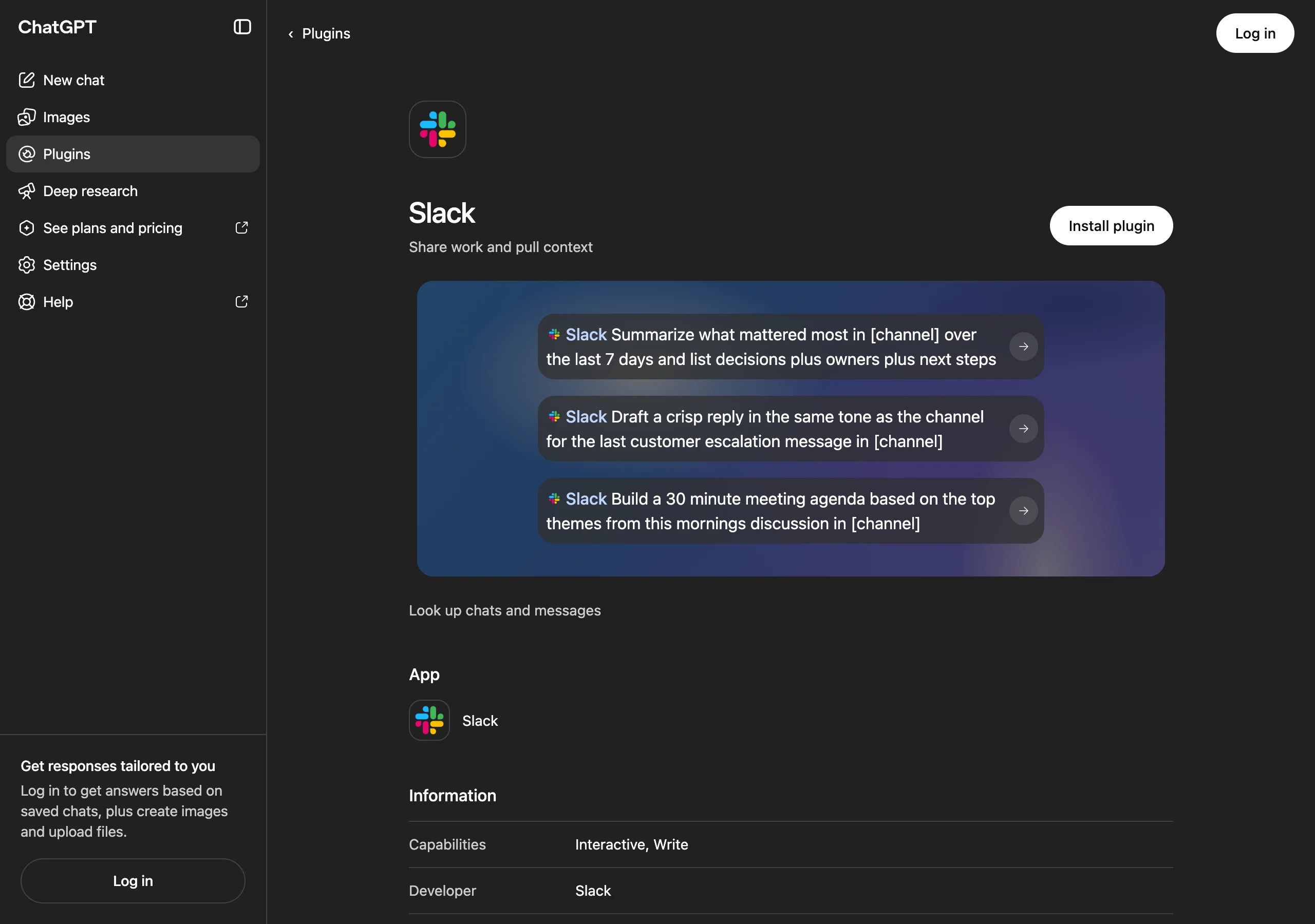 Slack's ChatGPT plugin listing with examples for channel summaries and meeting preparation.