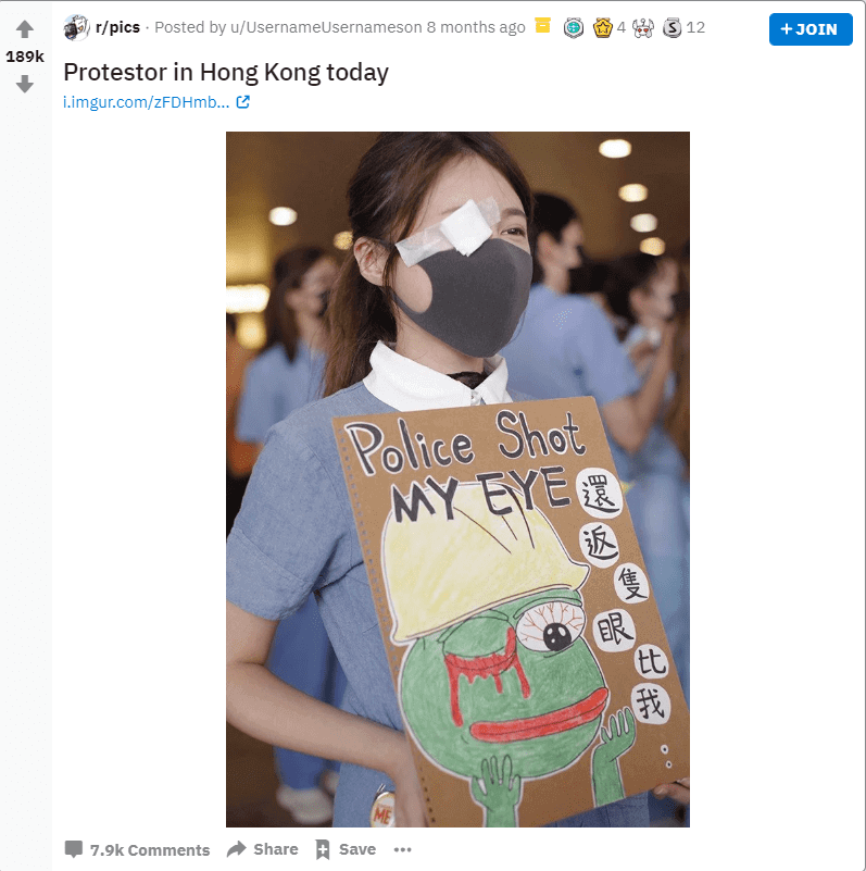 protestor in hong kong getting a high number of upvotes on reddit