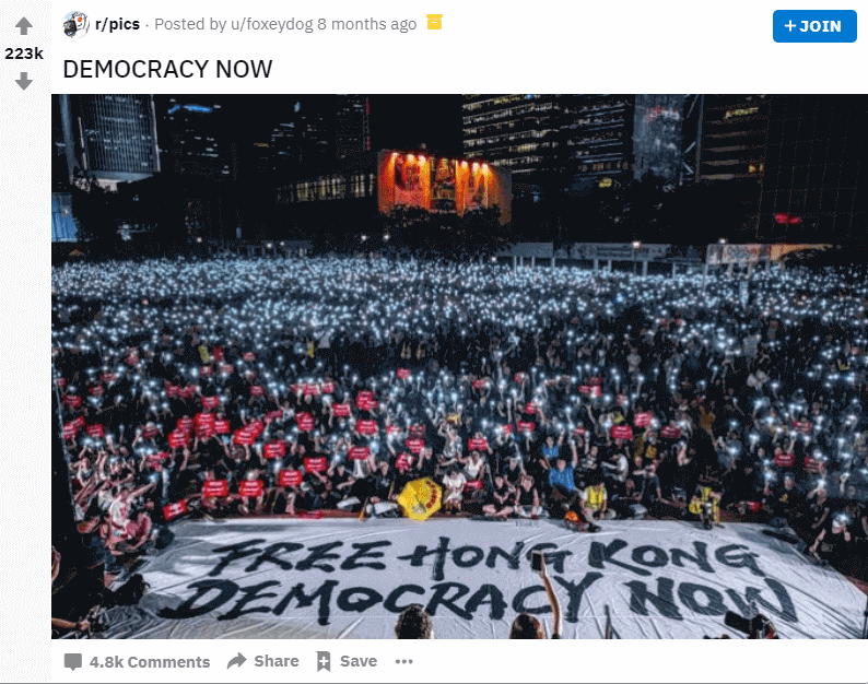 democracy in hong kong post getting a high number of upvotes on reddit