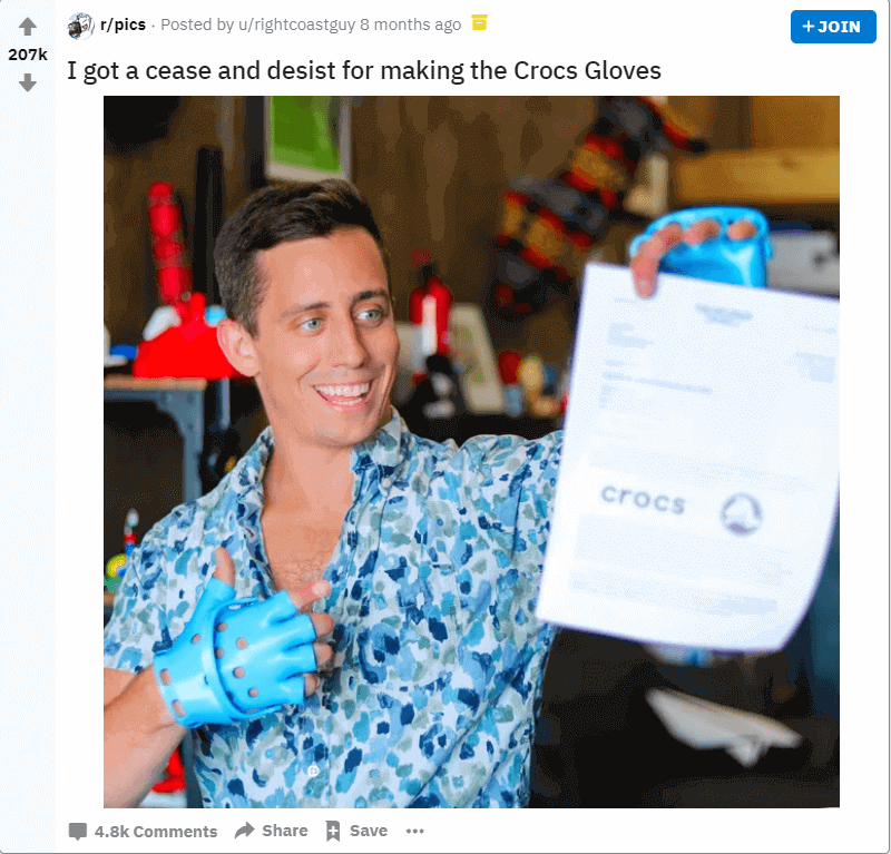 the guy who made crocs gloves getting a high number of upvotes on reddit