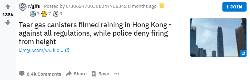 tear gas canisters spotted in hong kong getting a high number of upvotes on reddit
