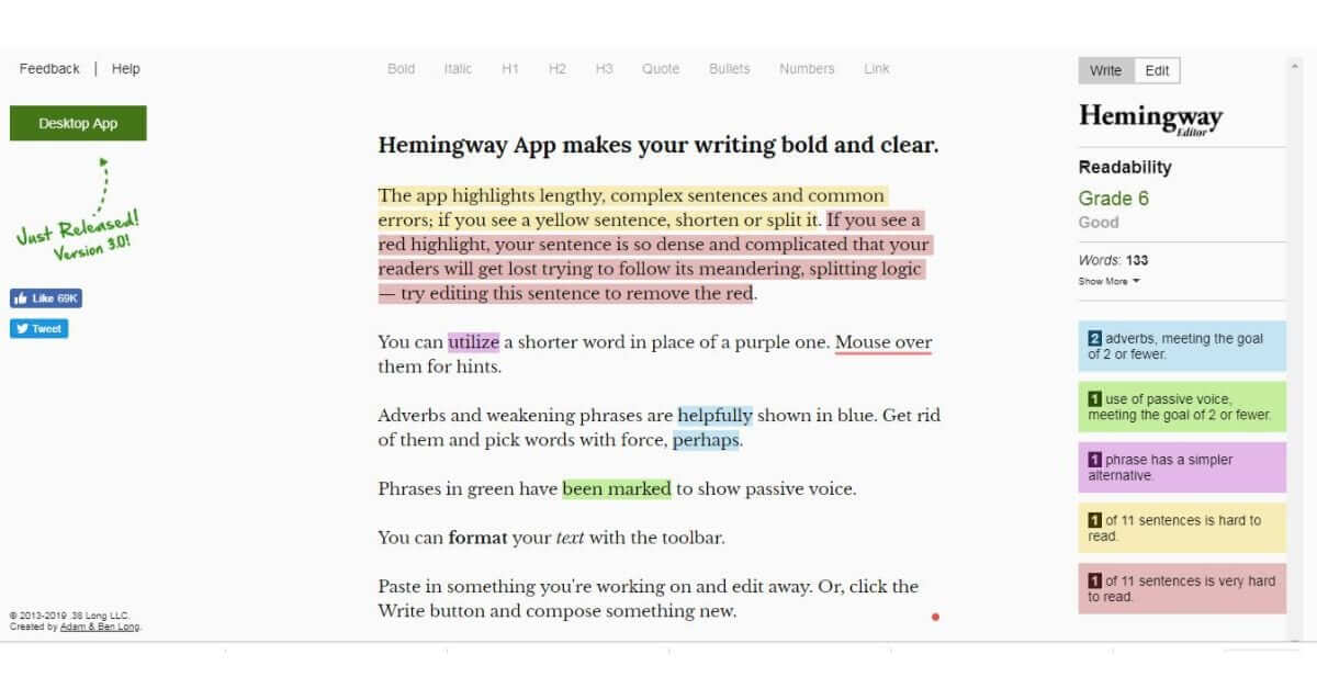 screenshot of the hemingway app that improves your content optimization