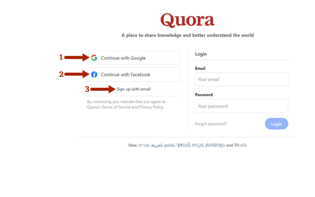 sign up options on quora